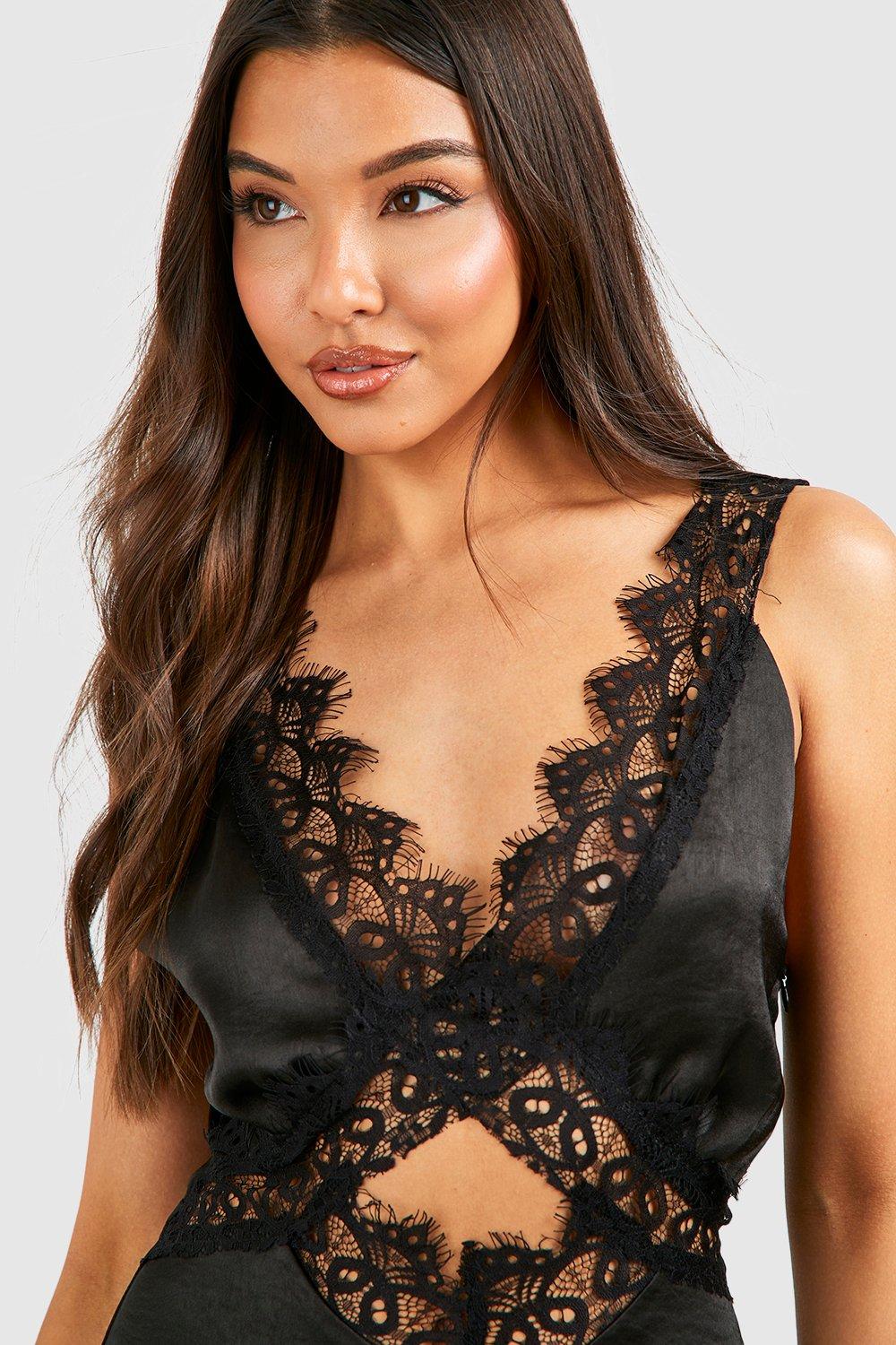 Satin Lace Trim Mini Slip Dress | boohoo USA Satin Lace Trim Mini Slip Dress | boohoo USA