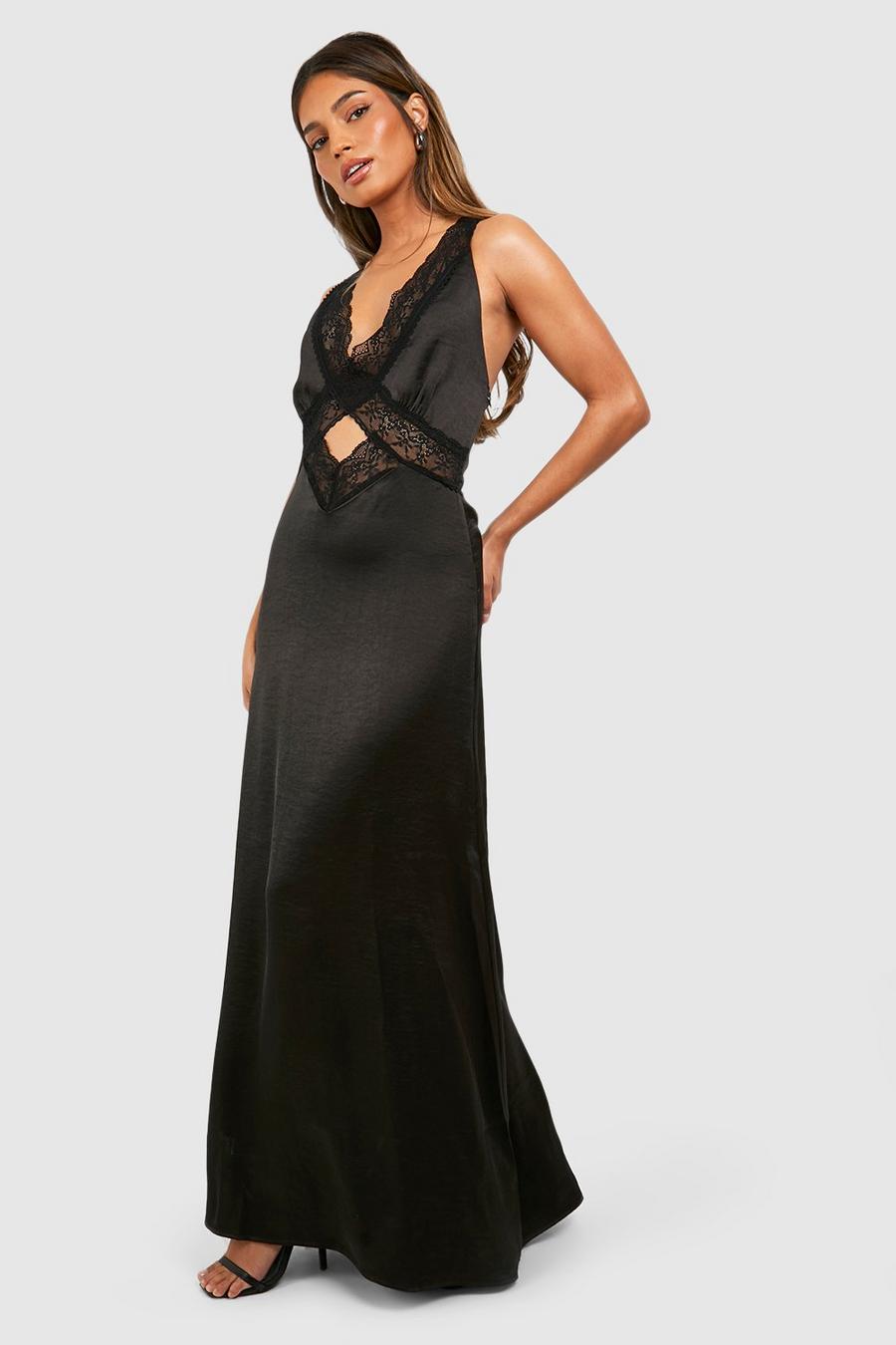 Robe longue satinée à dentelle, Black