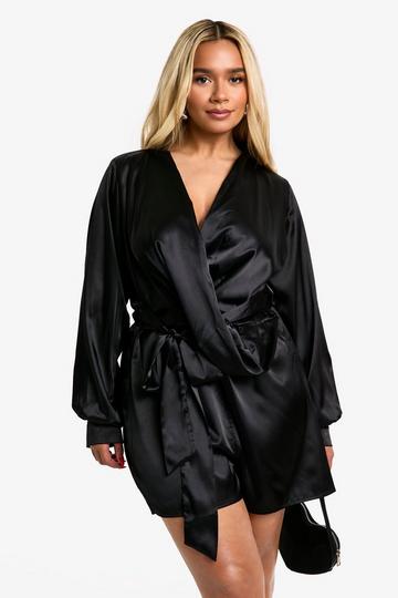 Plus Satin Wrap Pleated Flippy Playsuit black