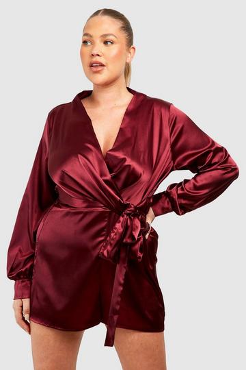 Plus Satin Wrap Pleated Flippy Playsuit wine