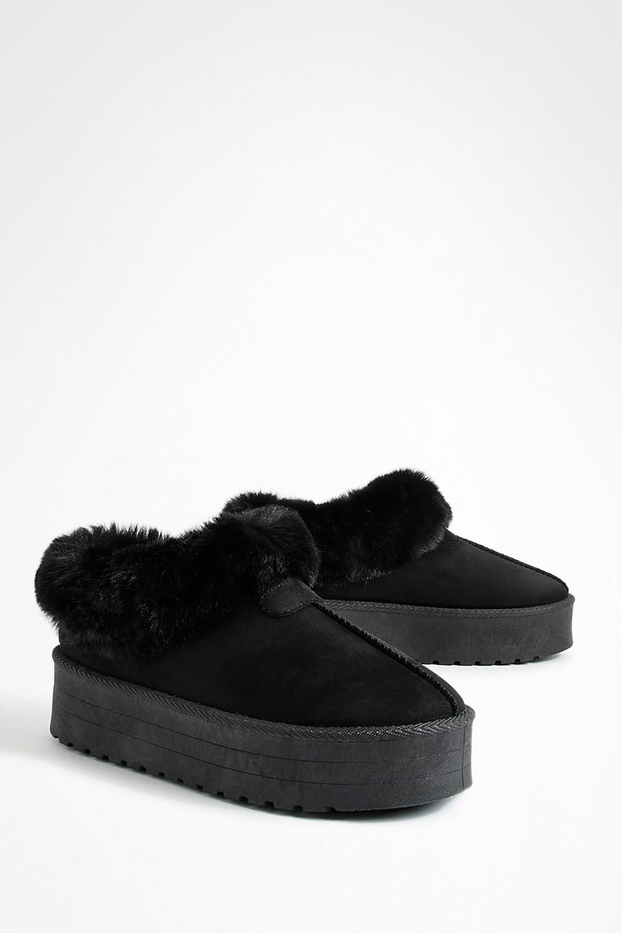 Black Faux Fur Platform Slip On Cozy Mules