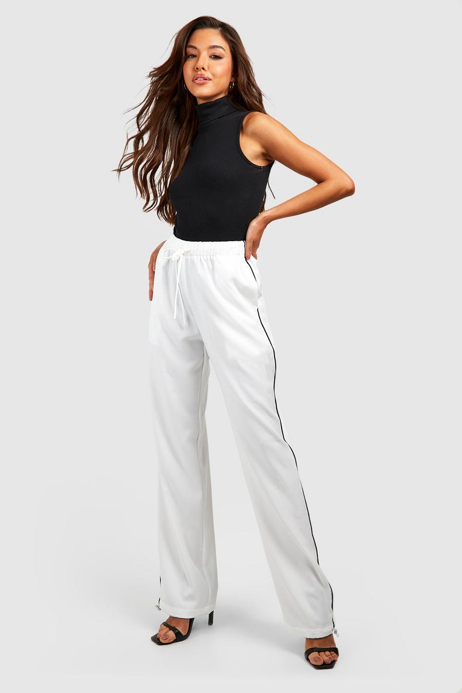 White Luxe Piping Detail Woven Tack Pants