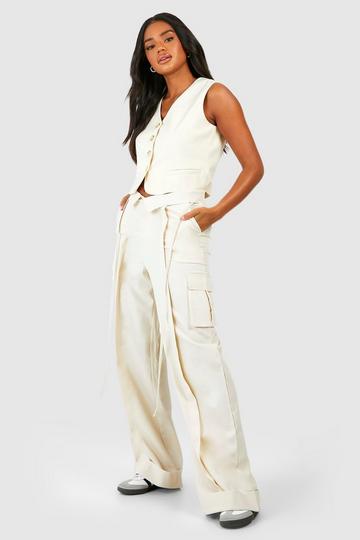 Ecru White Folded Waistband Relaxed Fit Cargo Trousers