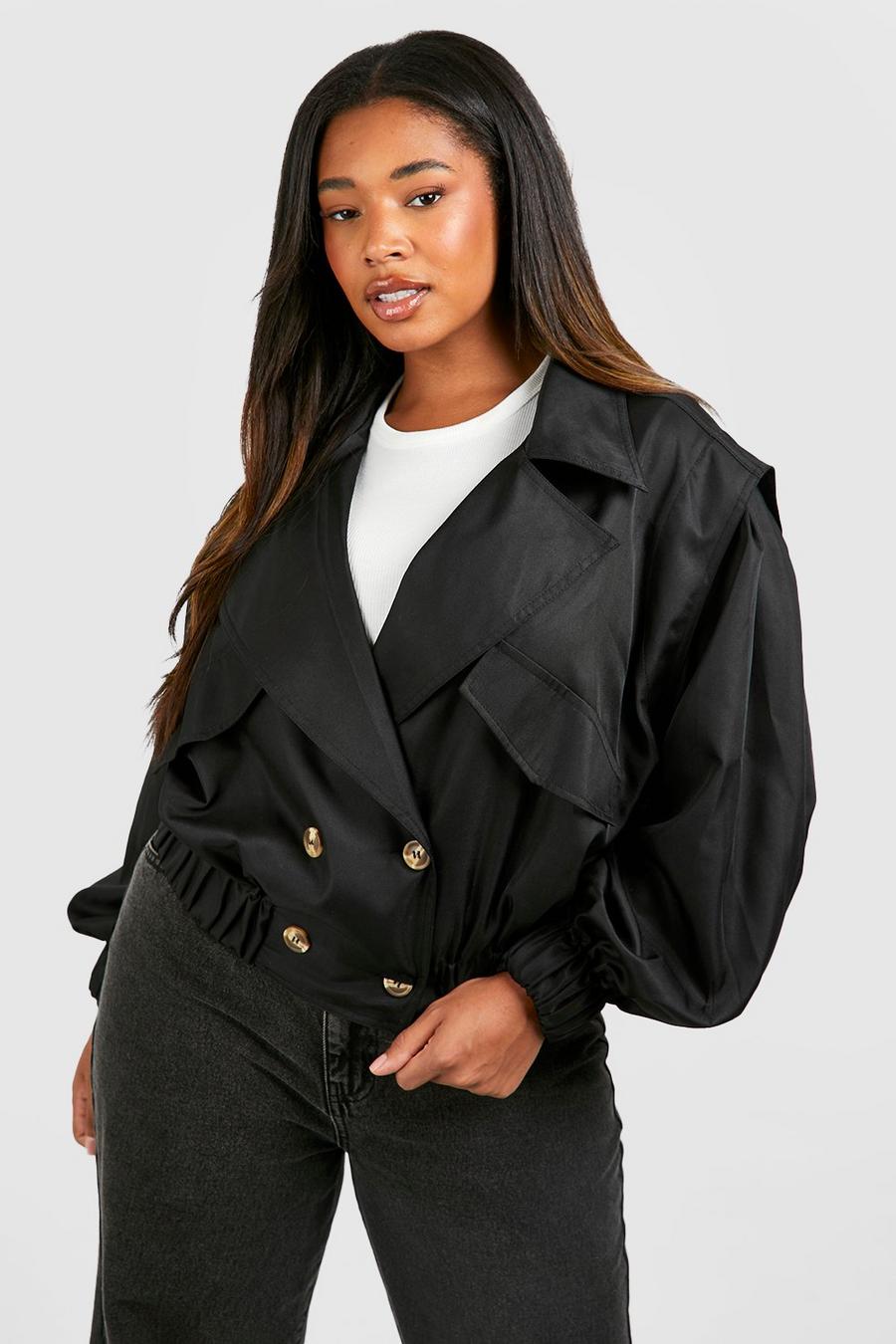 Black Plus Woven Double Breasted Pocket Detail Trench Jacket  image number 1