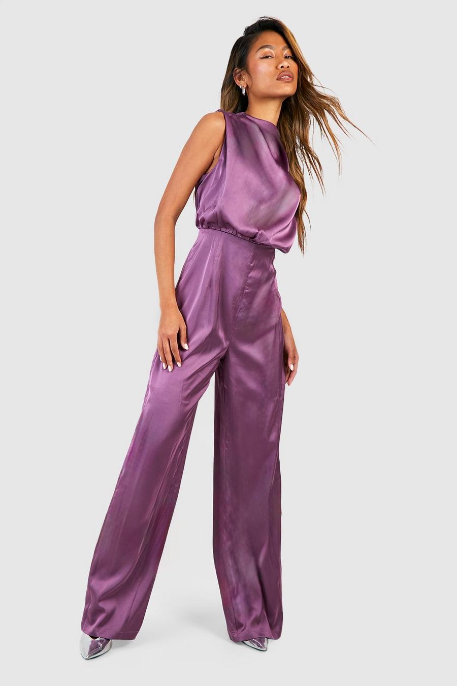 Satin-Jumpsuit mit weitem Bein, Purple image number 1