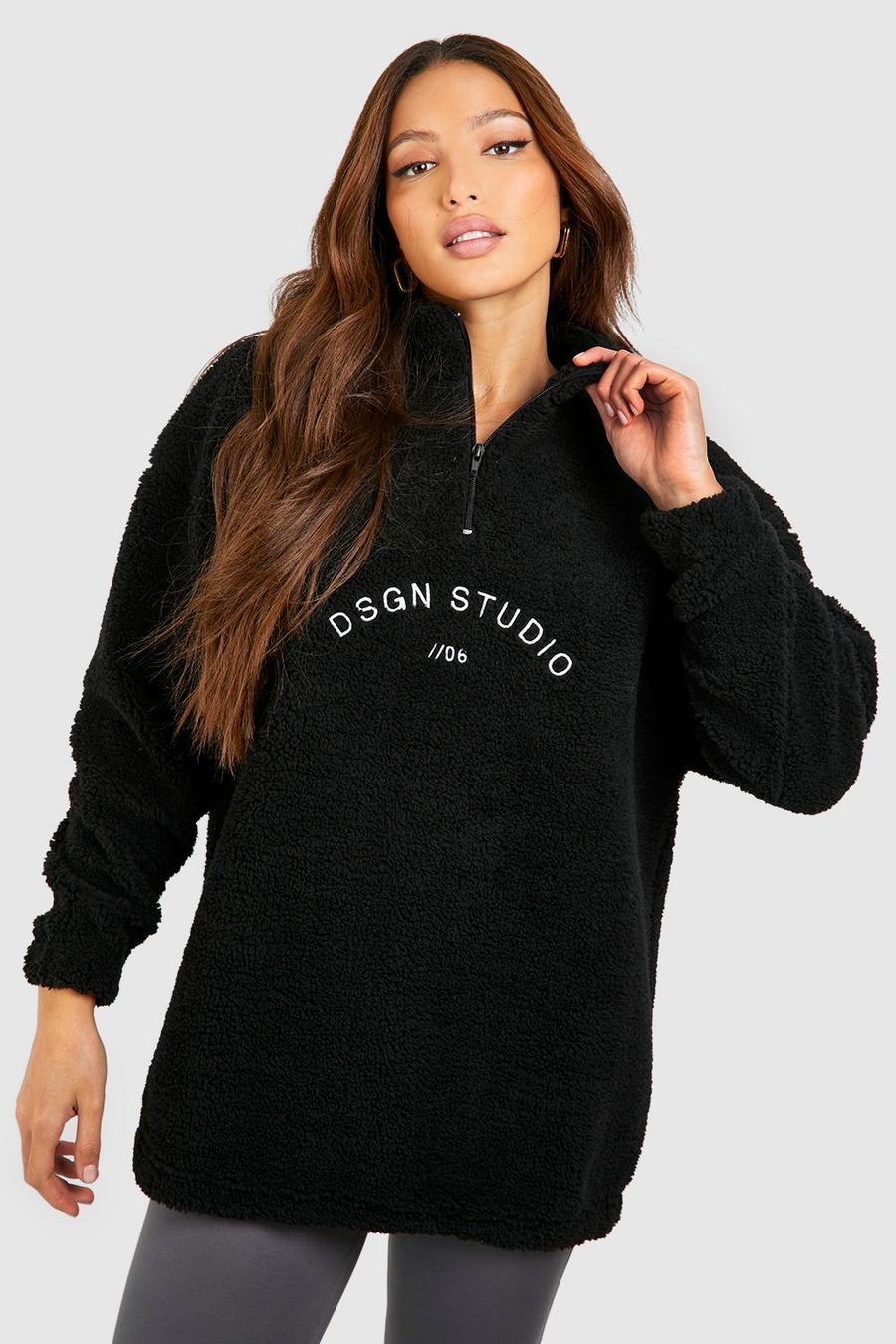 Black Tall Dsgn Studio Premium Sweatshirt i teddy med brodyr och kort dragkedja