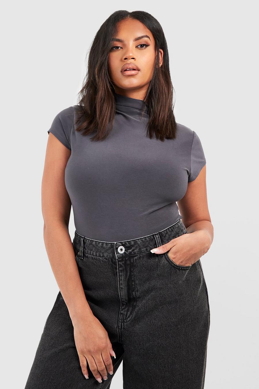 Charcoal Plus Slinky High Neck Cap Sleeve Top image number 1
