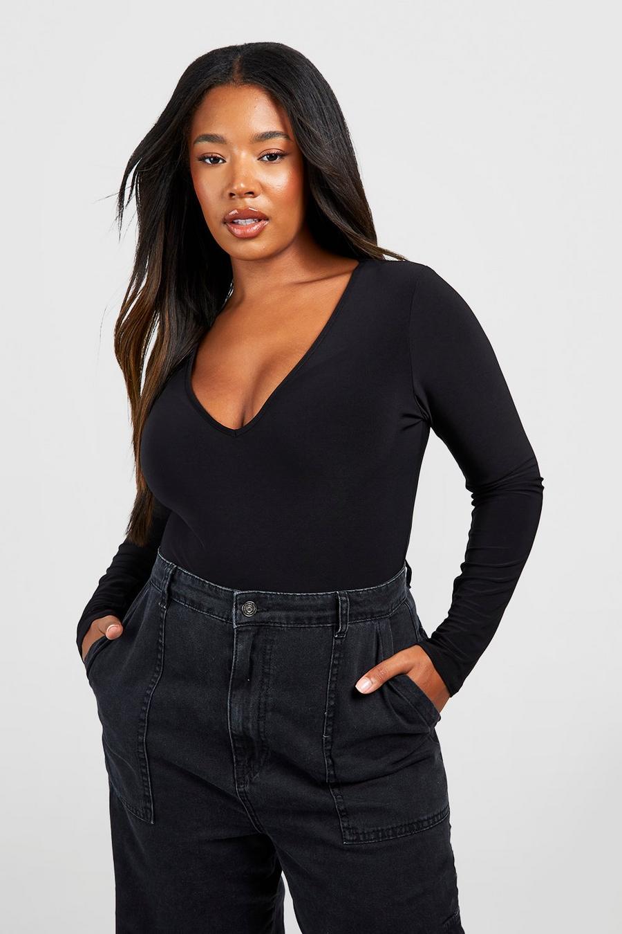 Women's Black Plus Slinky Plunge Long Sleeve Bodysuit | Boohoo UK