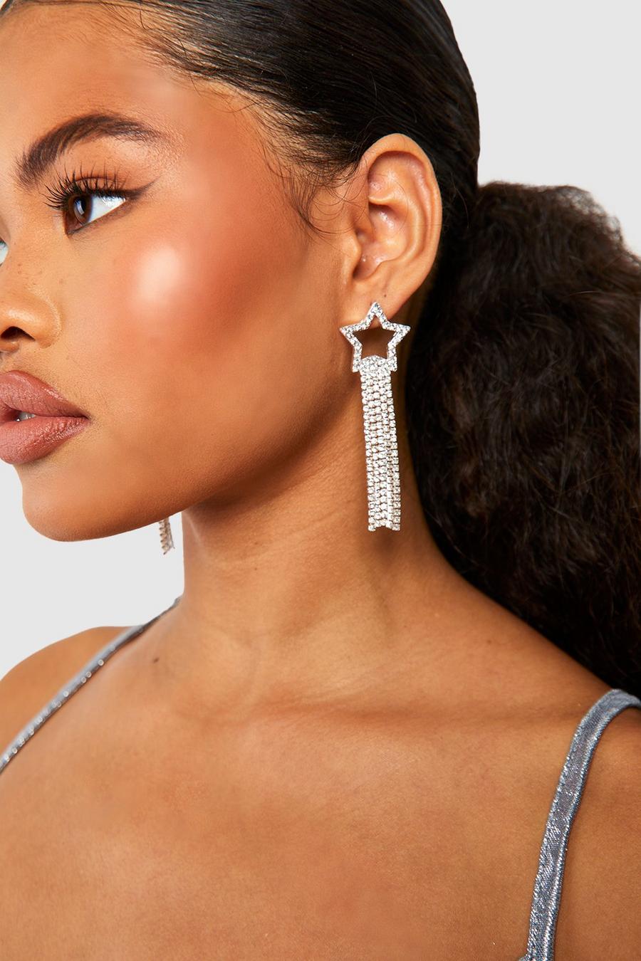 Silver Diamante Star Drop Earrings