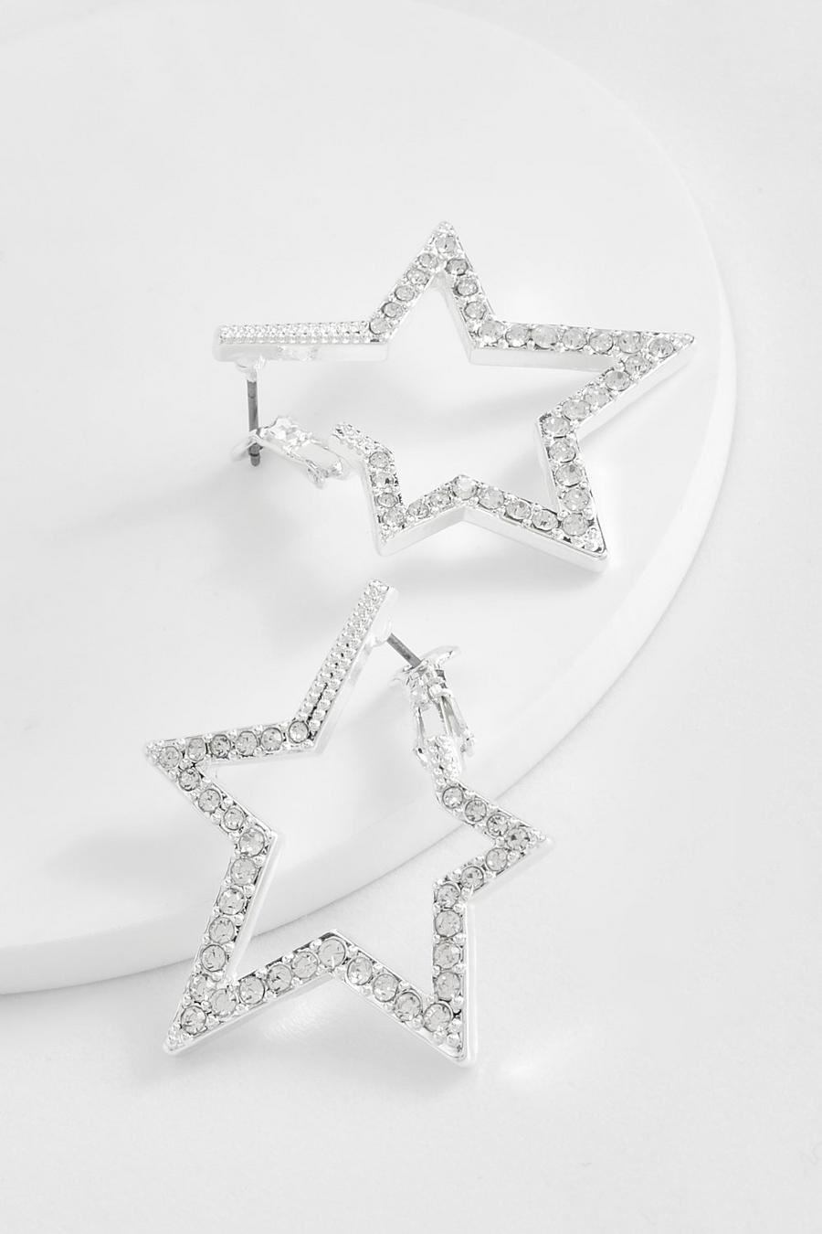 Silver Rhinestone Star Statement Earrings