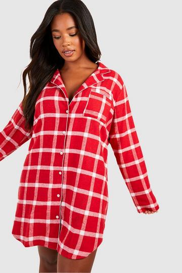 Plus Plaid Flannel Pj Shirt Nightgown red