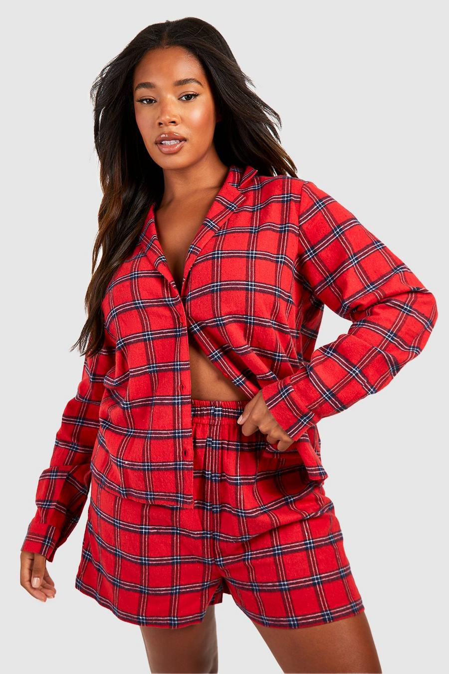 Pijama Plus de pantalón corto y camisa con cuadros escoceses, Red image number 1