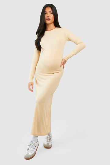 Stone Beige Maternity Soft Rib Loose Fit Midi Dress