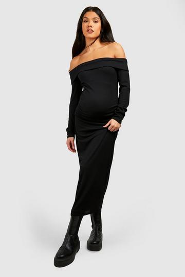 Maternity Soft Rib Off The Shoulder Midi Dress black