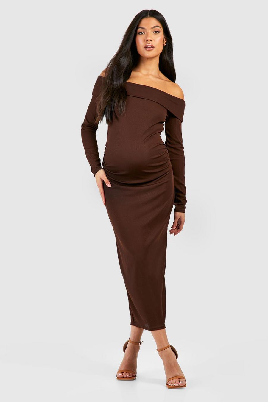 Chocolate brown Maternity Soft Rib Bardot Midaxi Dress