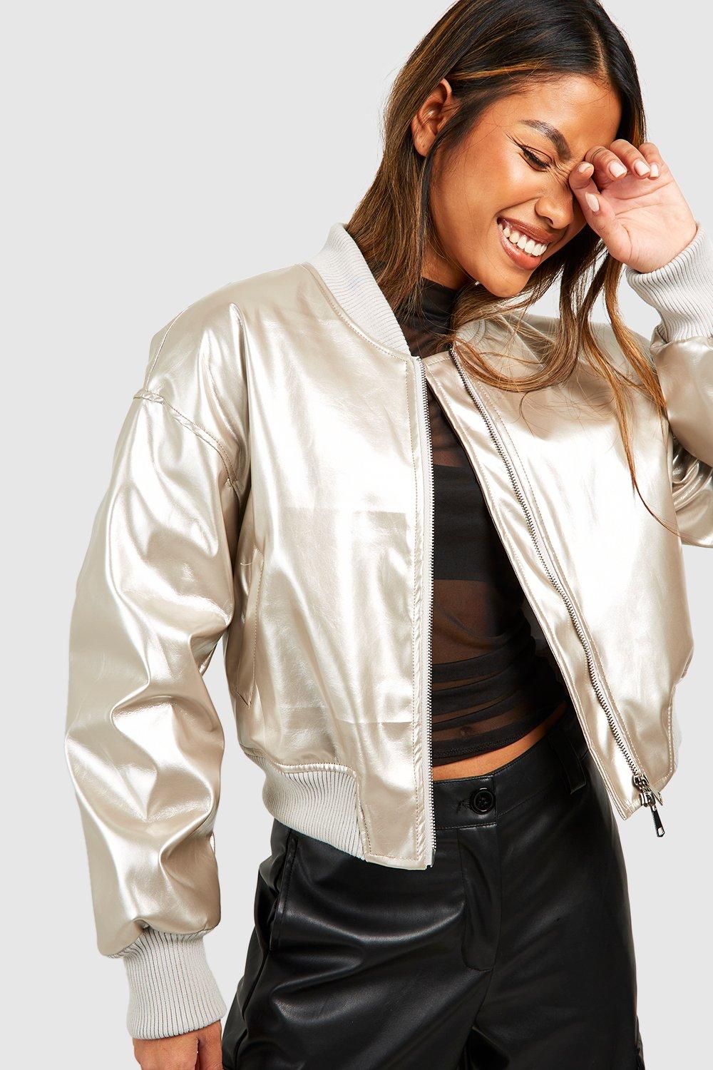 Metallic Vinyl Crop Faux Leather Bomber Jacket boohoo IE