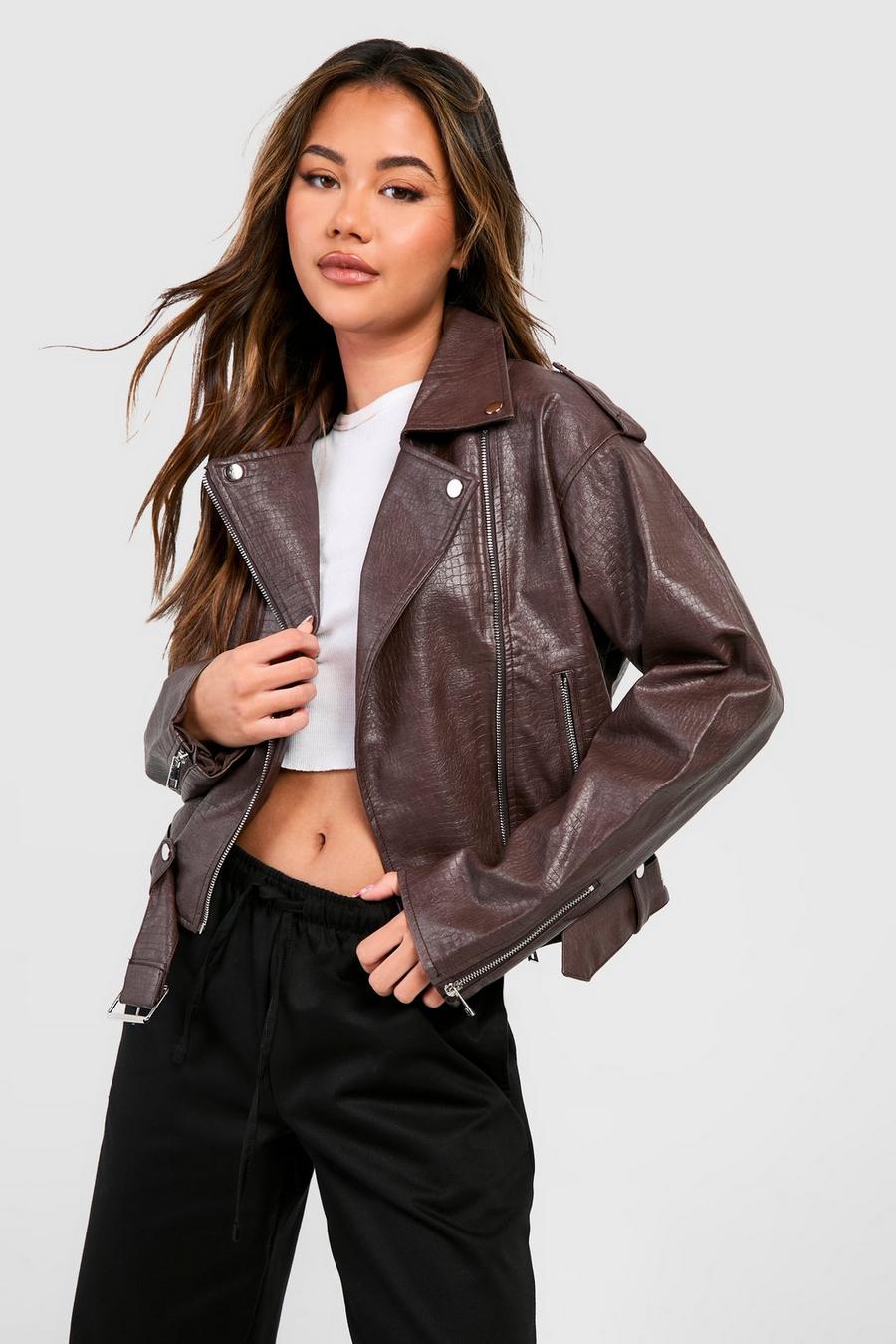 Chocolate Croc Look Faux Leather Moto Jacket image number 1