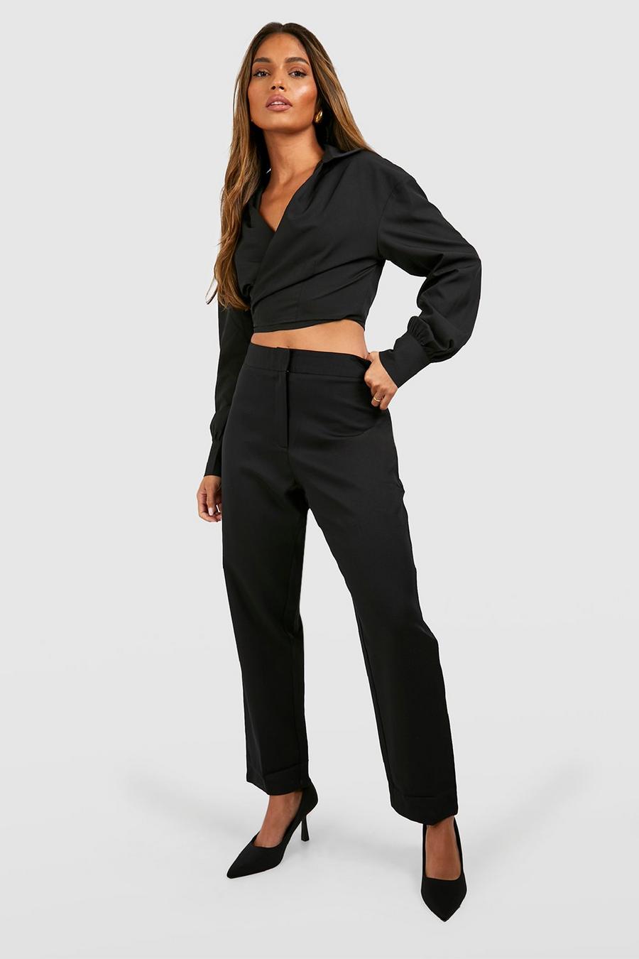 Black Woven High Waisted Cigarette Pants image number 1