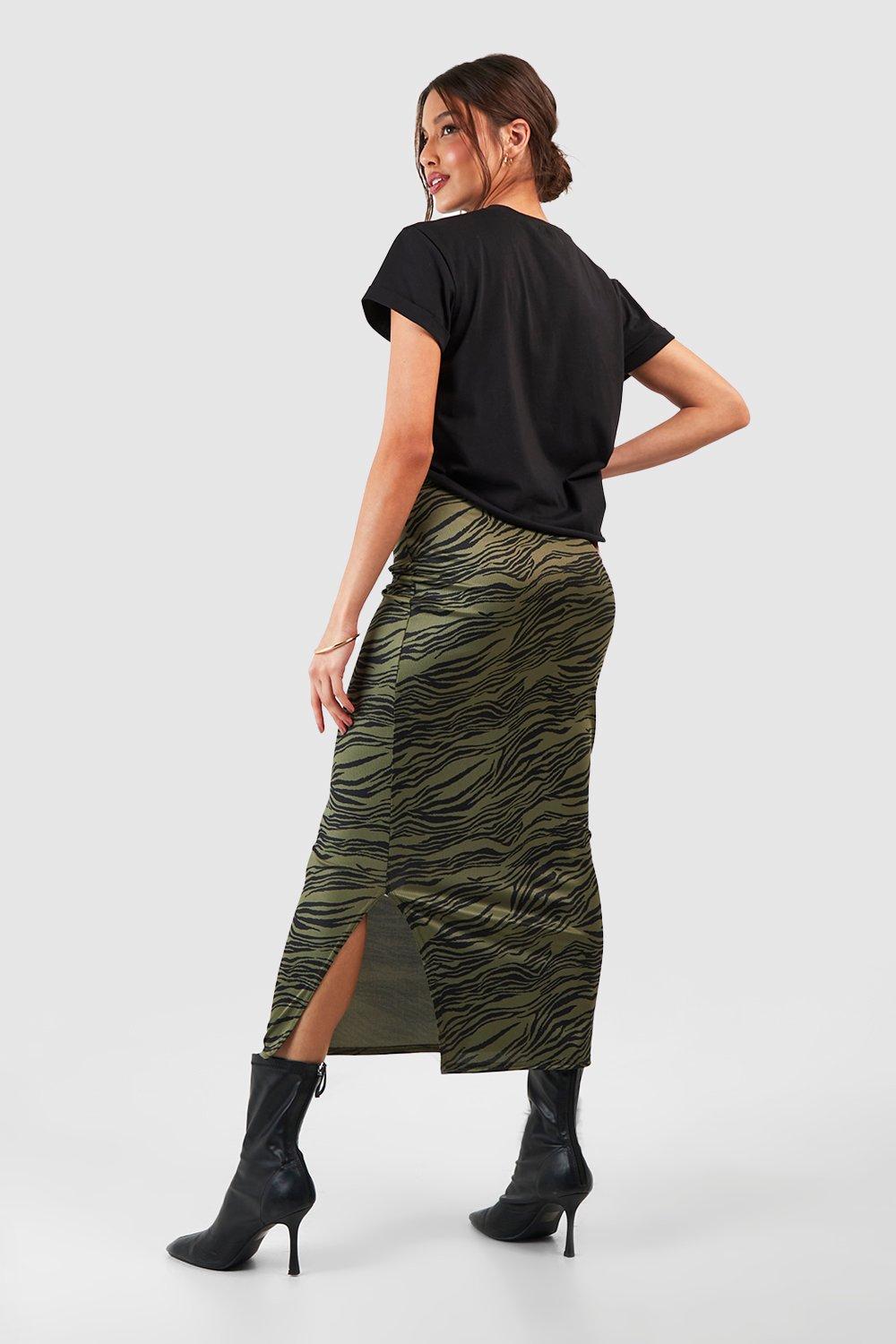 Khaki animal print midi cheap skirt