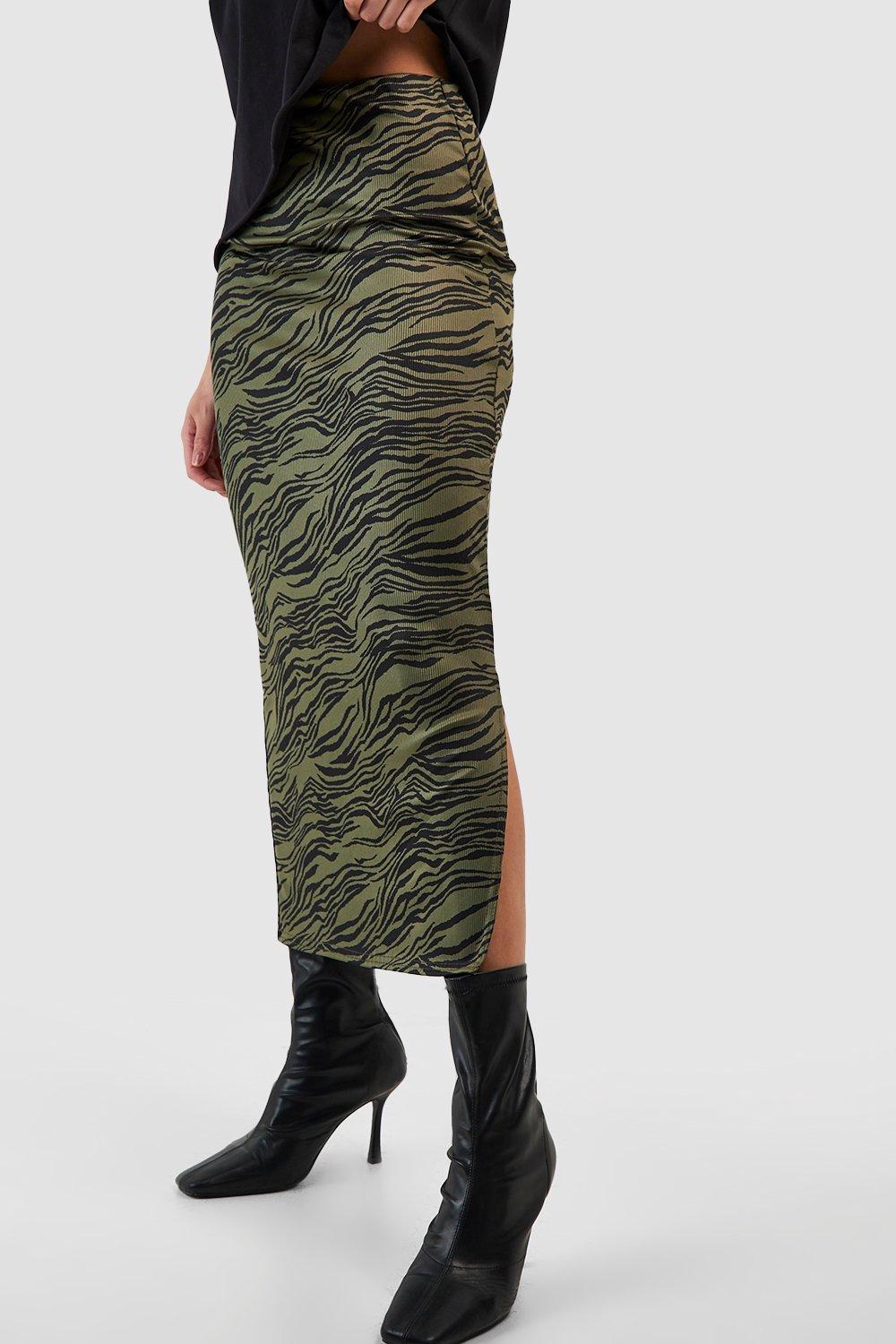 Zebra Print Rib Side Split Midi Skirt