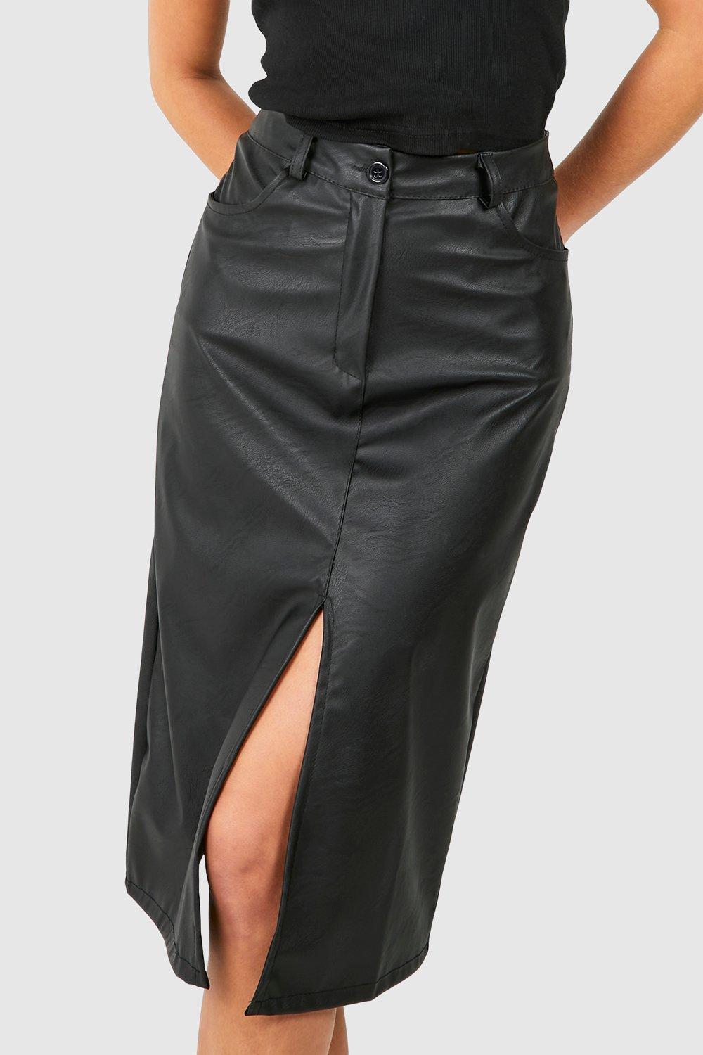 Split Front Faux Leather Midi Skirt