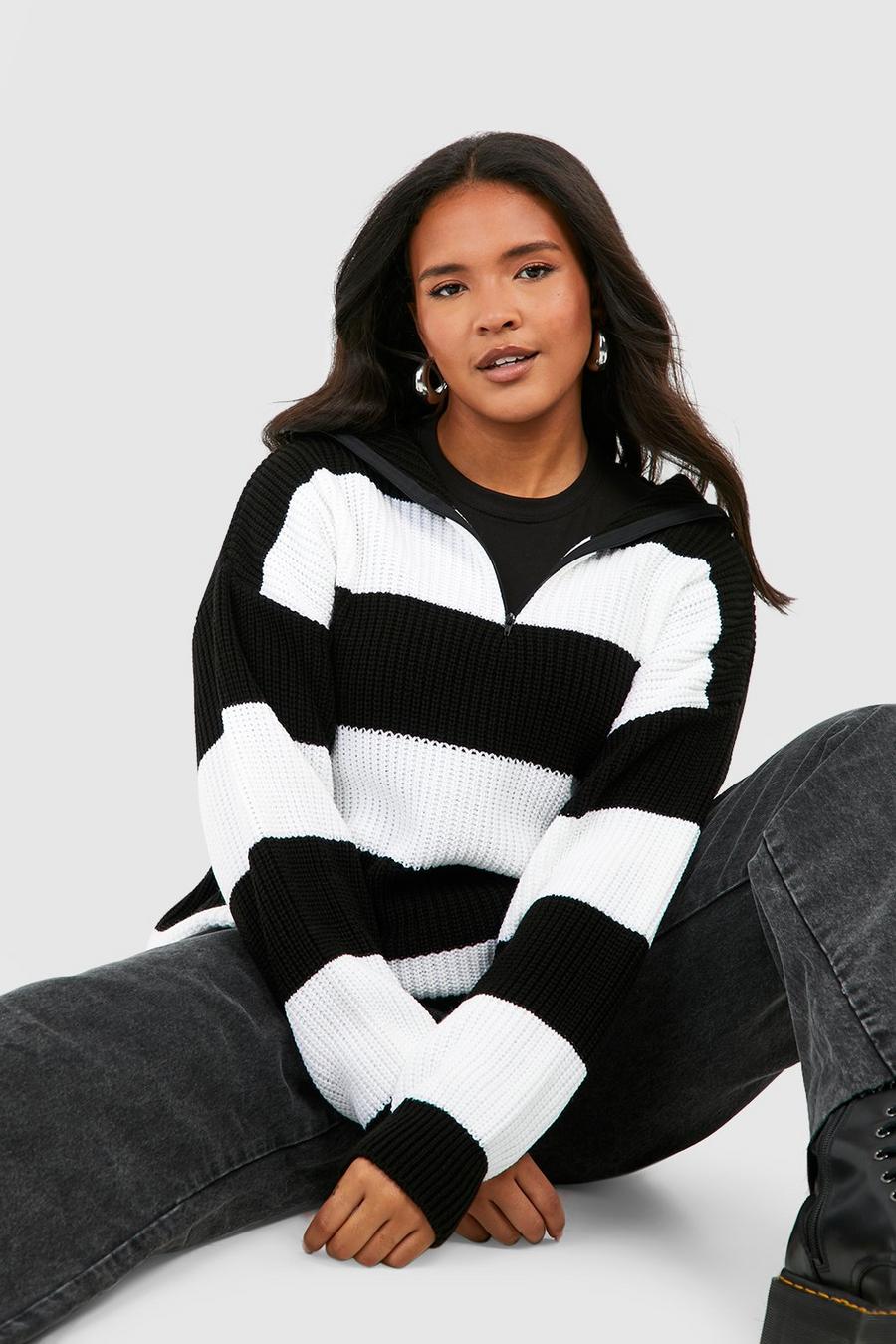 Black Plus Stripe Half Zip Through Sweater image number 1