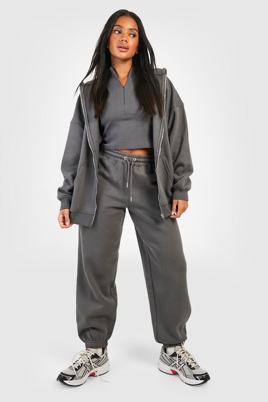 Charcoal Ribbed Zip Crop Top 3 Piece Hooded Tracksuit image number 1