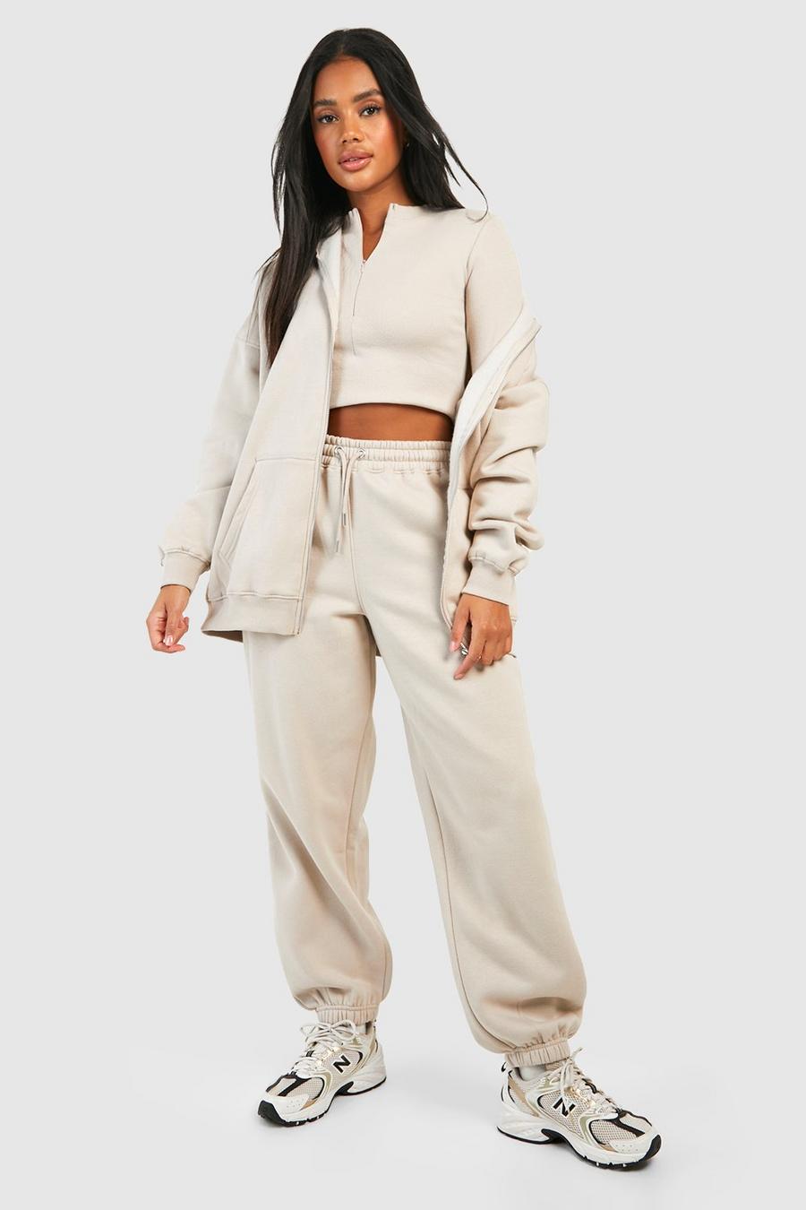 Stone Ribbed Zip Crop Top 3 Piece Hooded Tracksuit