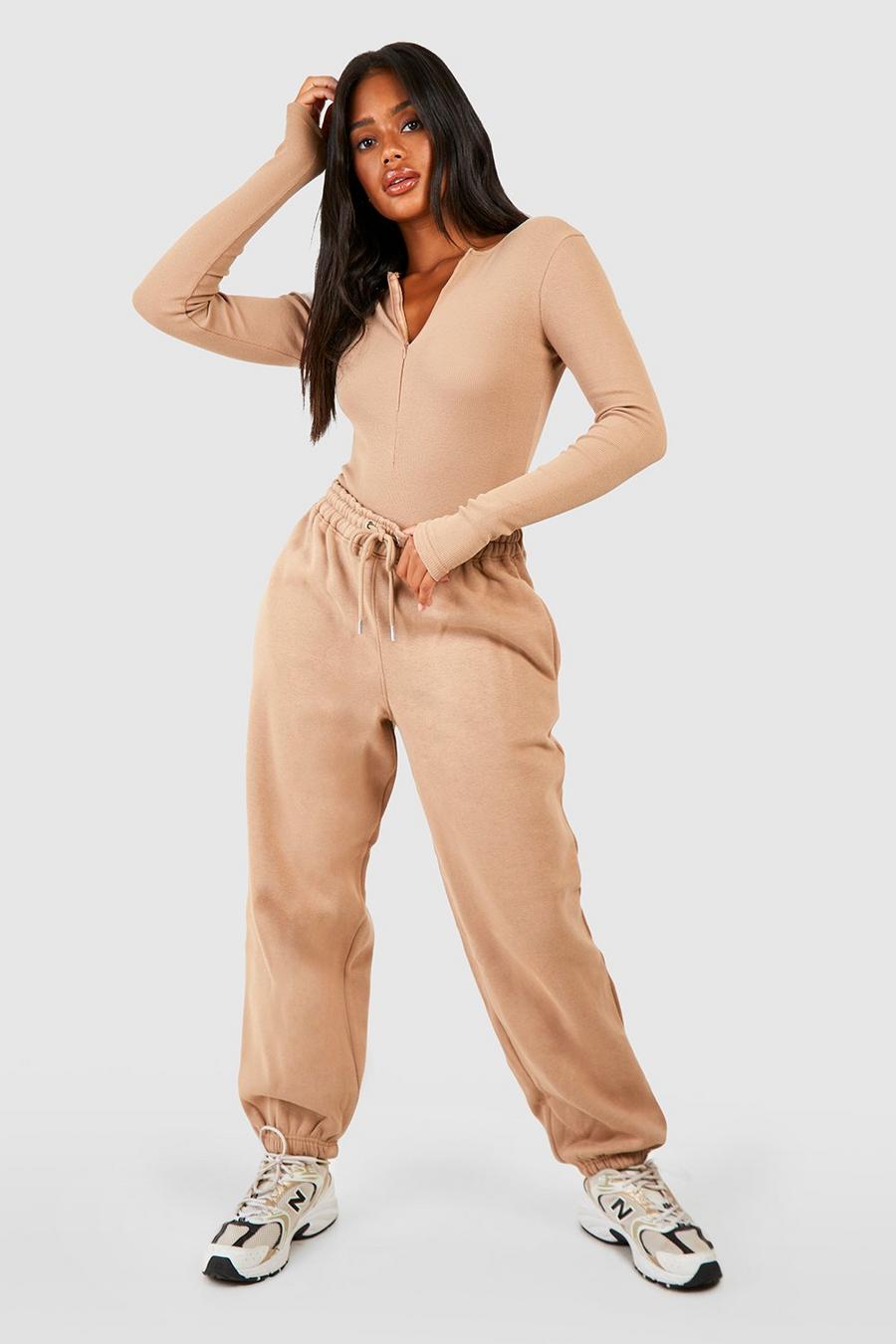 Taupe Ribbed Zip Bodysuit And Jogger Set image number 1