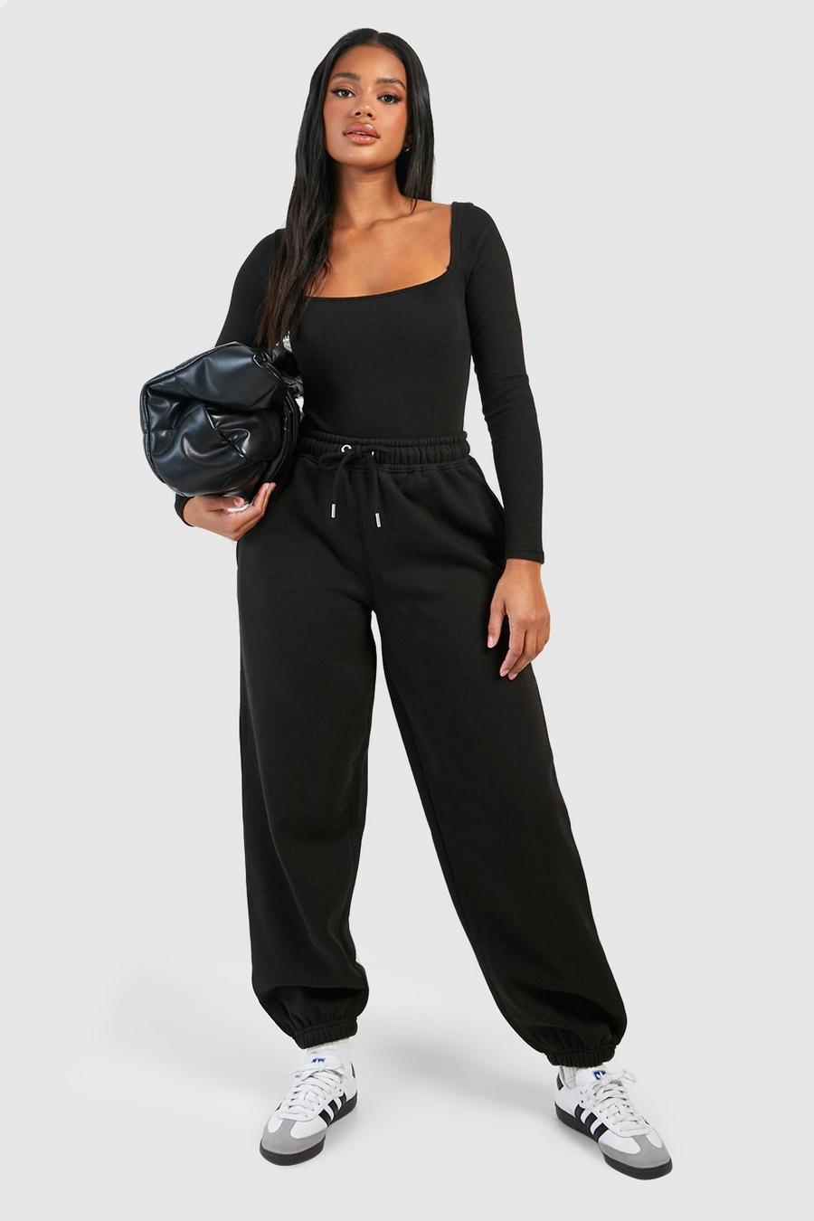 Black Geribbelde Bodysuit Met Vierkante Hals En Joggingbroek Set