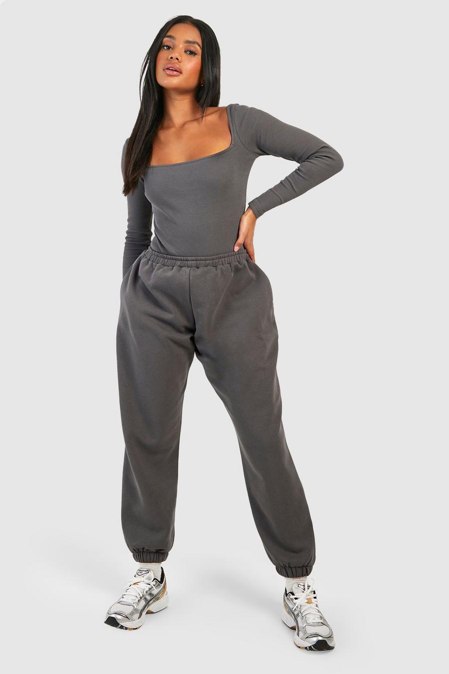 Charcoal Ribbed Square Neck Bodysuit And Jogger Set
