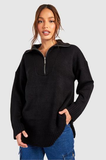Black Tall Ladies Drop Shoulder Zip Collar Sweater