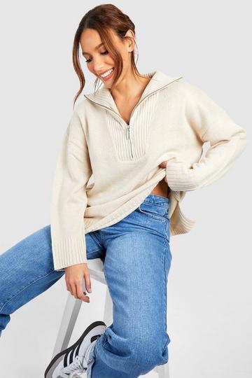 Tall Ladies Drop Shoulder Zip Collar Sweater stone