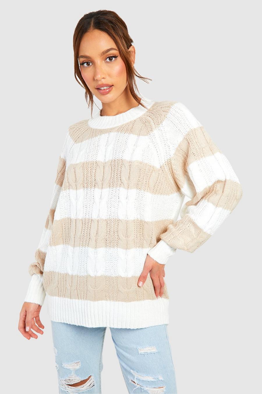Cream Tall Crew Neck Cable Stripe Jumper image number 1