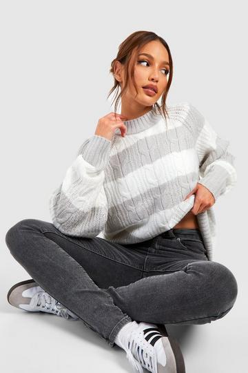 Grey Tall Crew Neck Cable Stripe Sweater