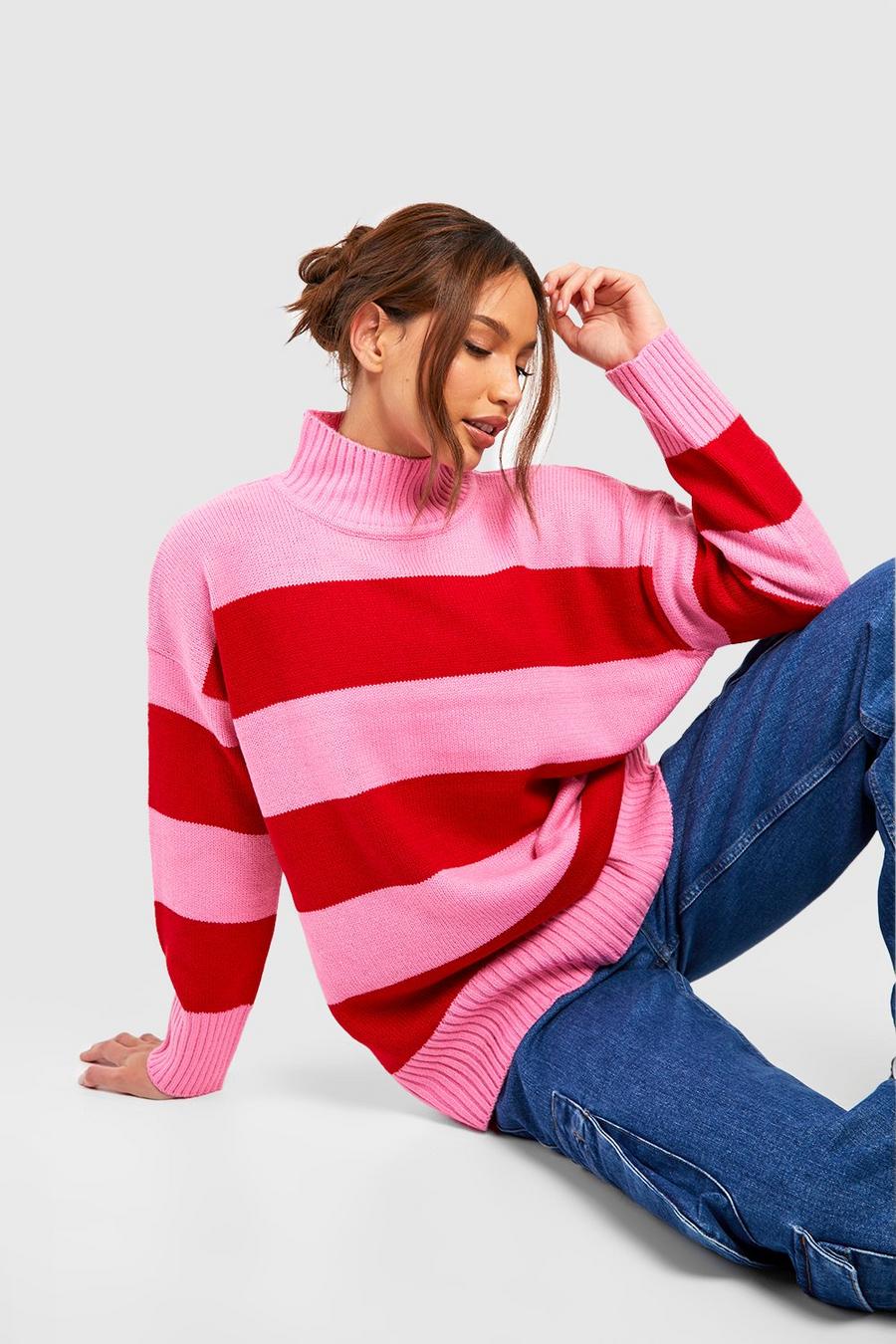 Pink Tall Turtleneck Stripe Sweater image number 1