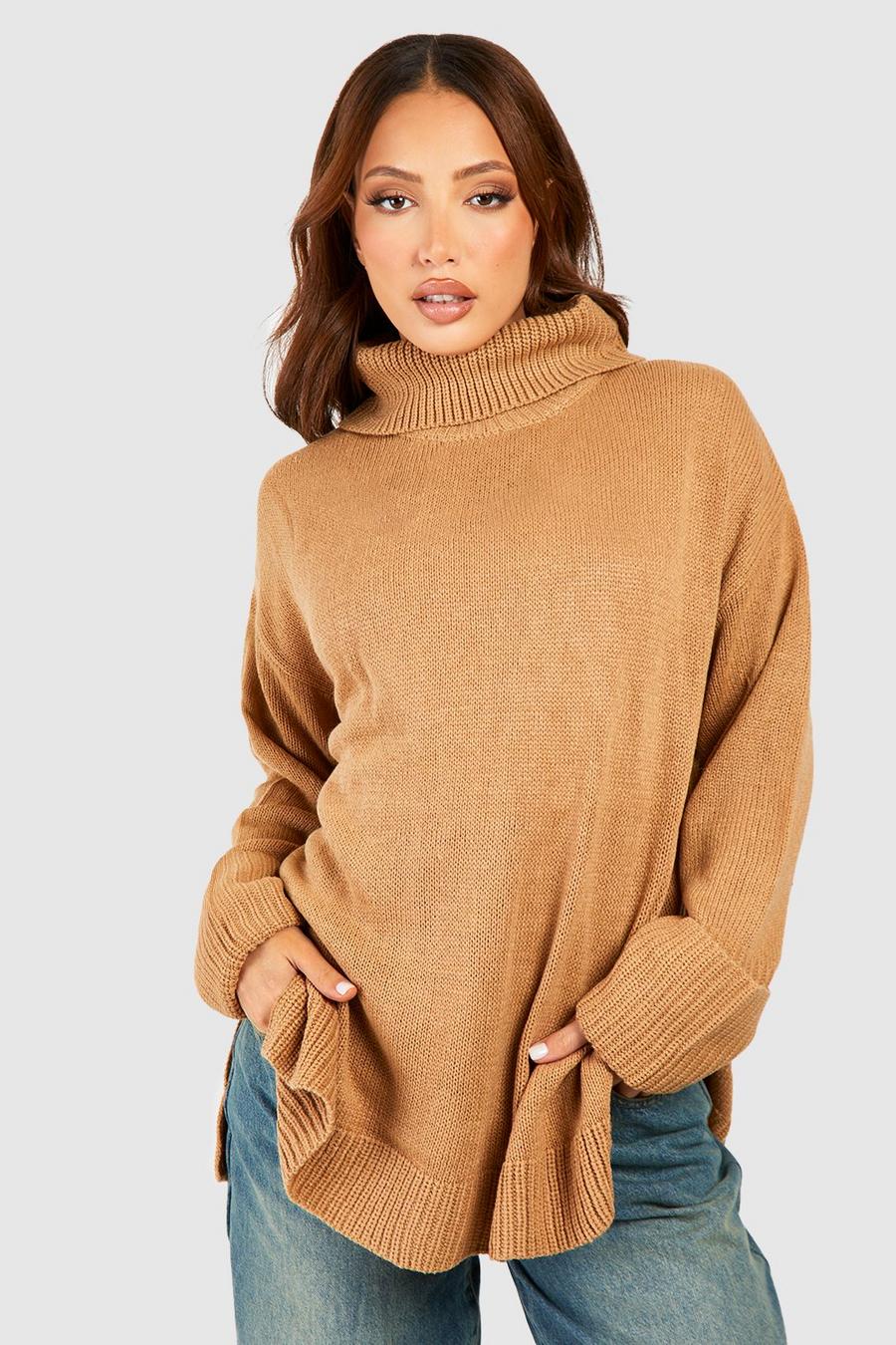 Camel Tall Roll Neck Knitted Jumper image number 1