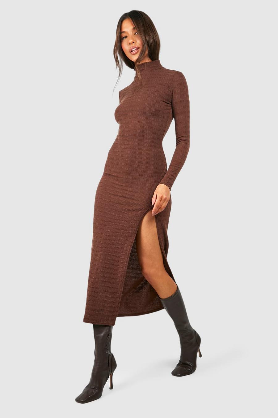 Chocolate Soft Crinkle Texture High Neck Midaxi Dress image number 1