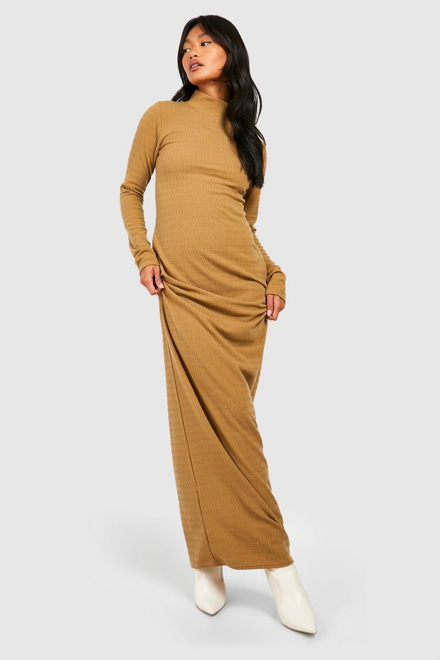 Camel Soft Crinkle Texture High Neck Maxi Dress image number 1