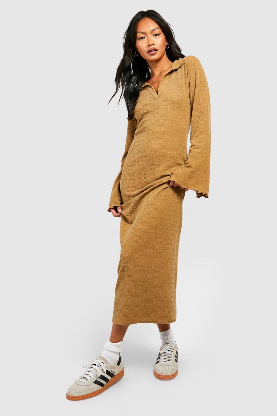 Camel Soft Crinkle Texture Collar Midi Dress image number 1
