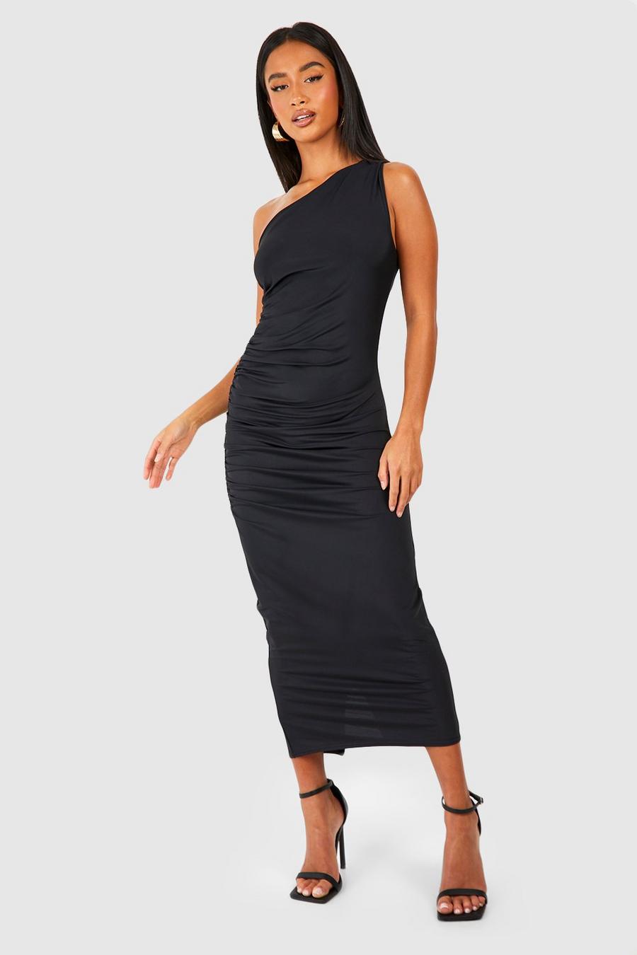 Black Petite Premium Matte Slinky Asymmetric Midi Dress image number 1