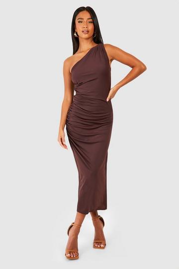 Petite Matte Strakke Asymmetrische Premium Midi Jurk chocolate