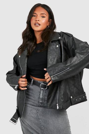 Black Plus Vintage Wash Pu Oversized Moto Jacket