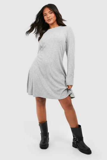 Plus Soft Rib Crew Neck Swing Dress grey