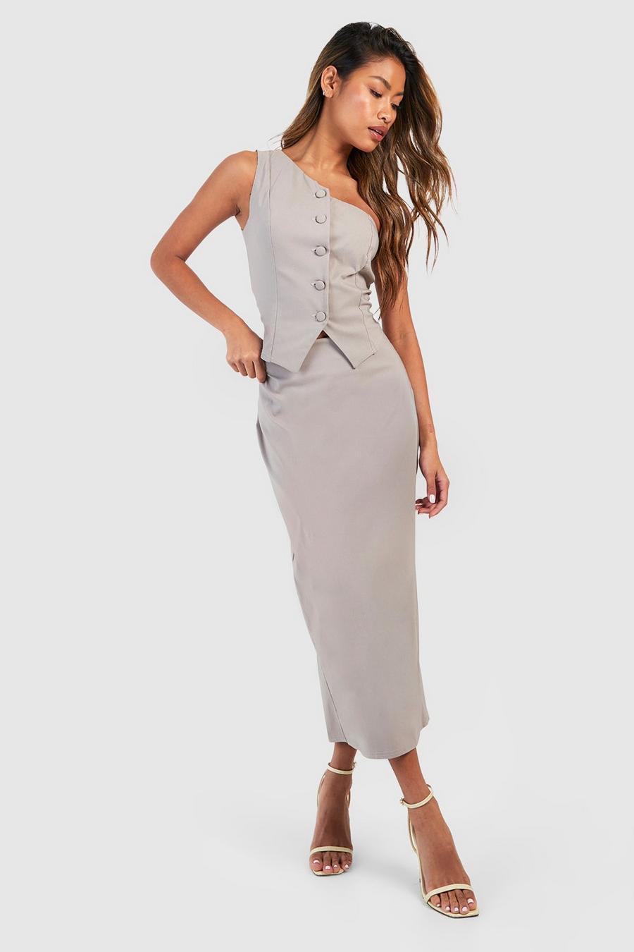 Mocha Fitted Asymmetric Waistcoat & Column Midaxi Skirt image number 1