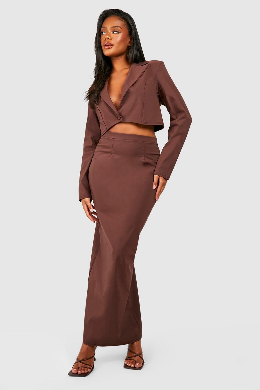 Chocolate Boxy Cropped Blazer & Column Maxi Skirt image number 1