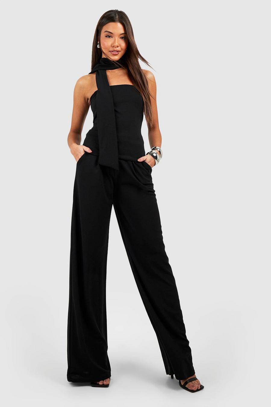 Black Longline Bandeau With Neck Tie & Wide Leg Trousers image number 1