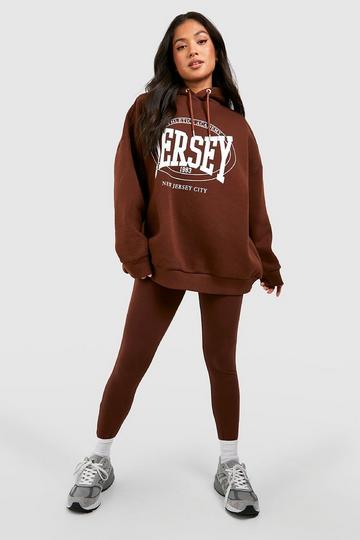 Chocolate Brown Petite Jersey Knit Slogan Oversized Hoodie And Leggings Tracksuit