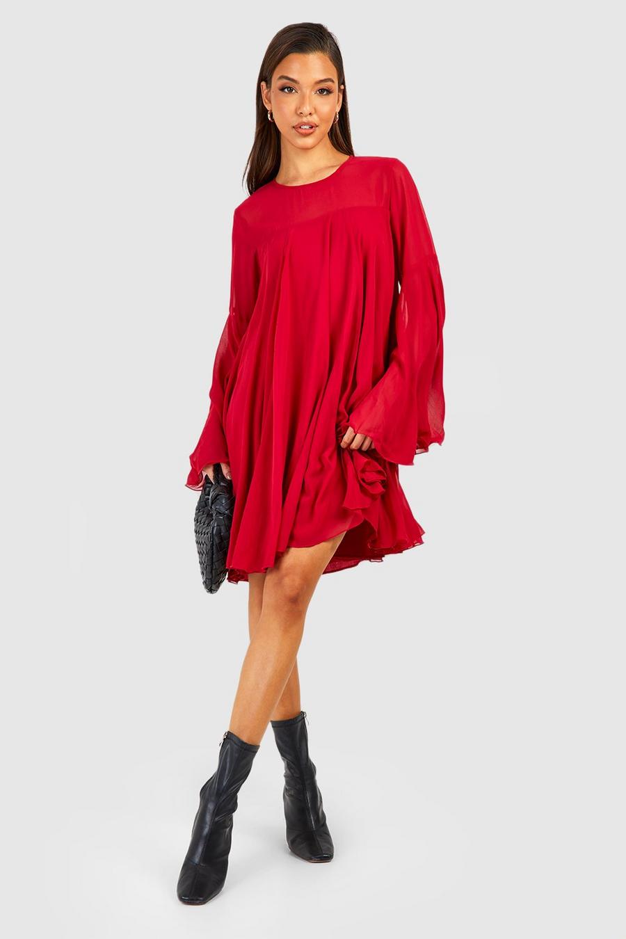 Berry Flare Sleeve Chiffon Smock Dress image number 1