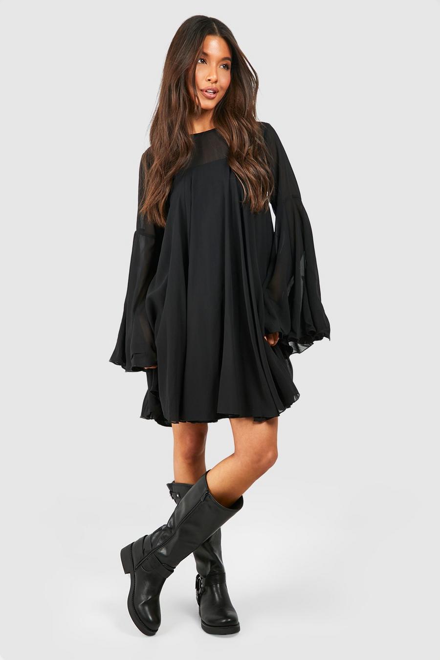 Black Flare Sleeve Chiffon Smock Dress